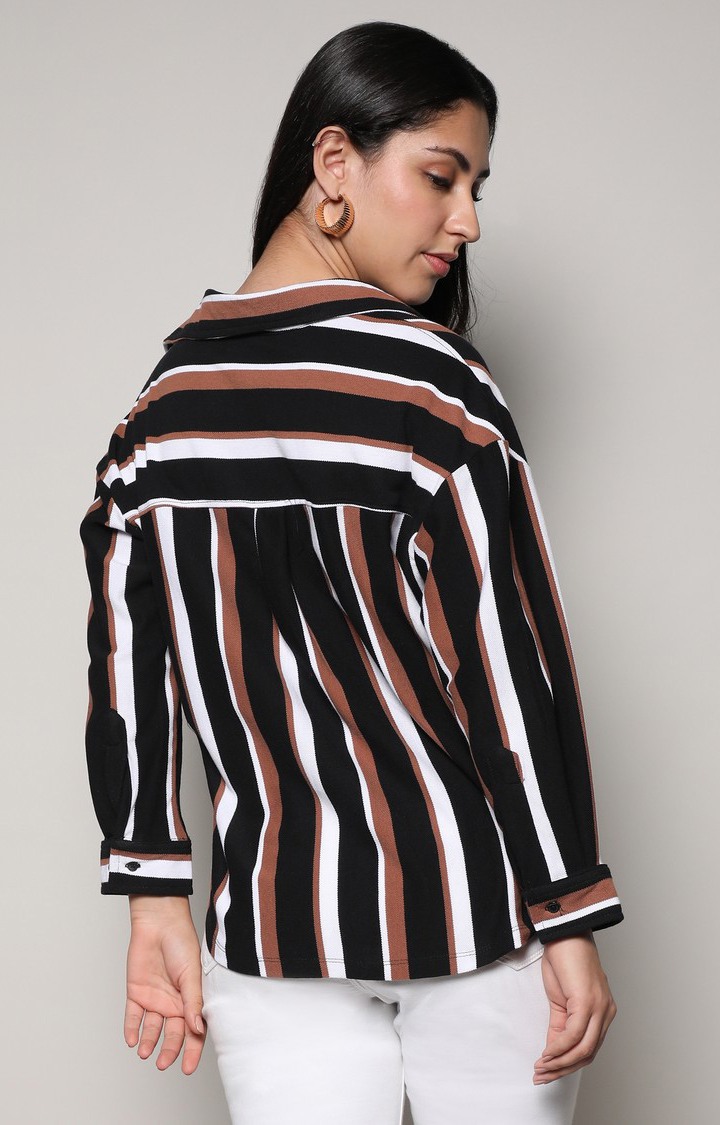 Women's Midnight Black:Mocha Brown Striped Casual Shirt