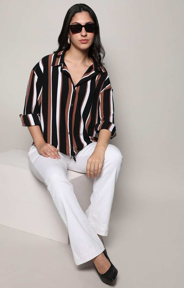 Women's Midnight Black:Mocha Brown Striped Casual Shirt