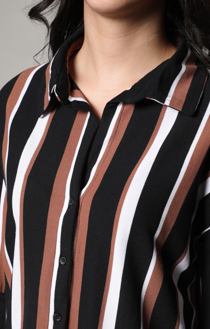 Women's Midnight Black:Mocha Brown Striped Casual Shirt