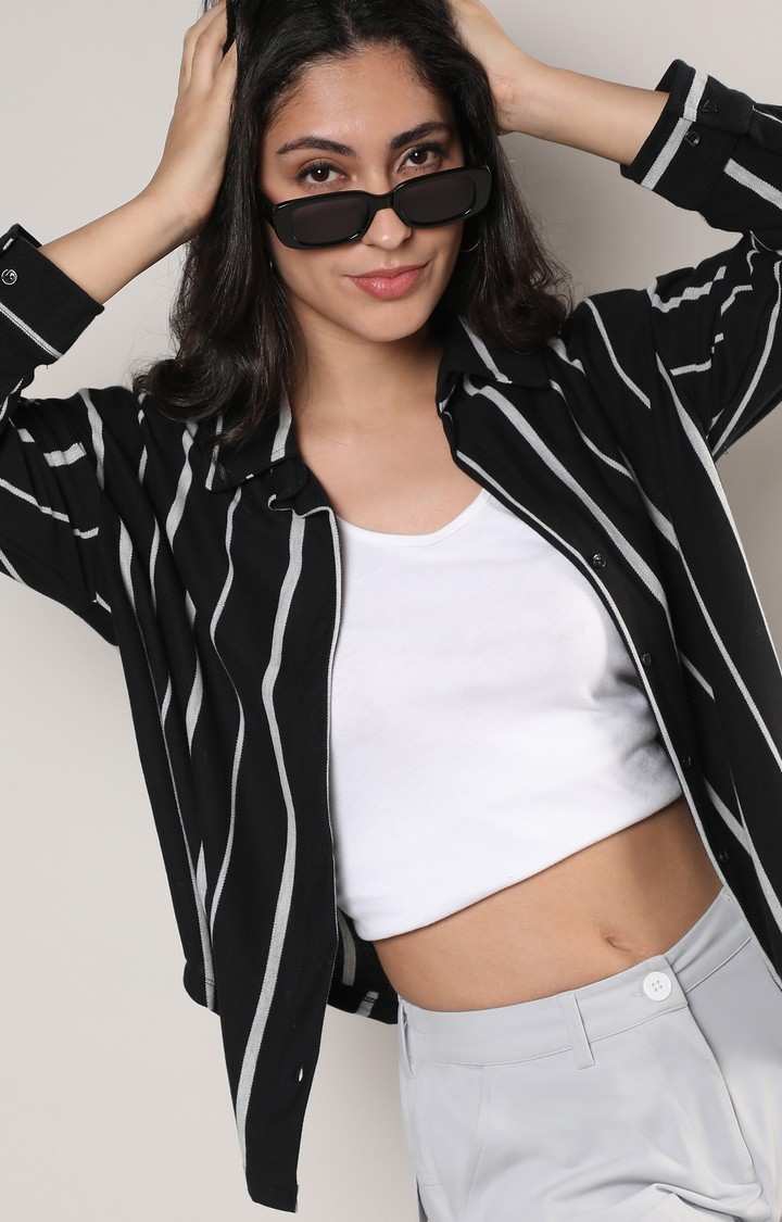 Women's Midnight Black:Moon Grey Striped Casual Shirt