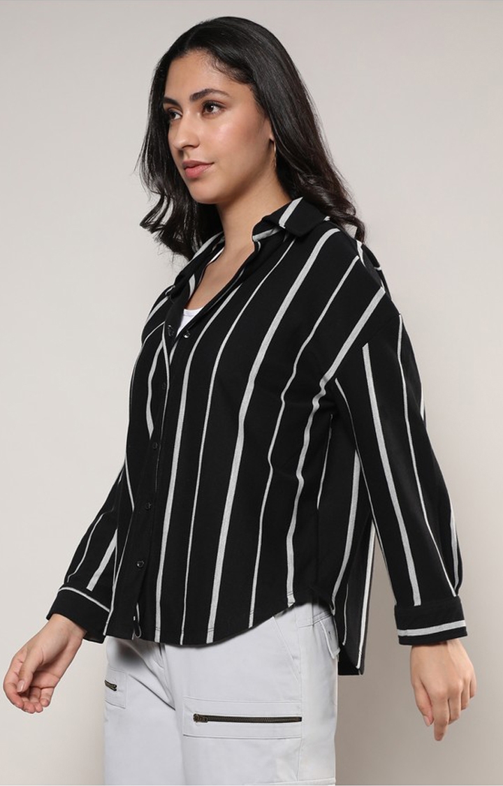 Women's Midnight Black:Moon Grey Striped Casual Shirt