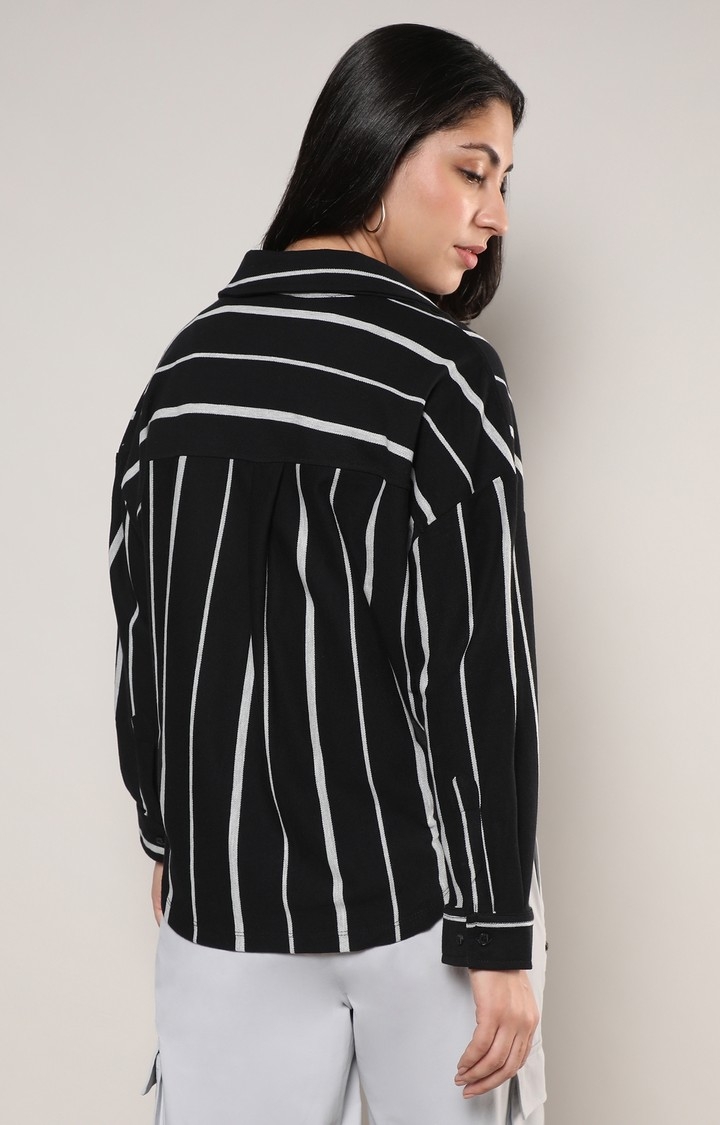 Women's Midnight Black:Moon Grey Striped Casual Shirt