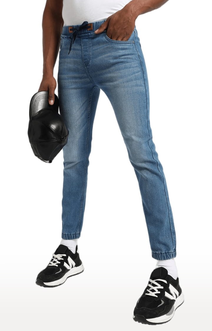 Men's Blue Solid Denim Joggers Jeans