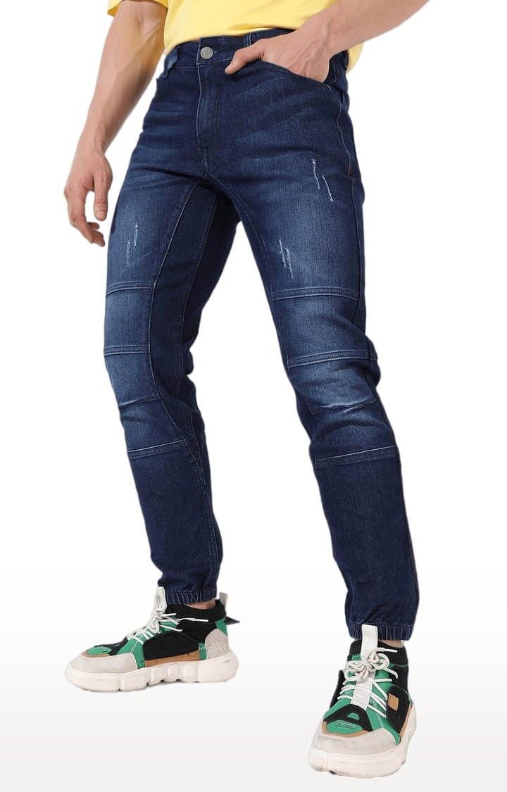 CAMPUS SUTRA | Men's Classic Blue Dark-Washed Regular Fit Joggers Jeans 2