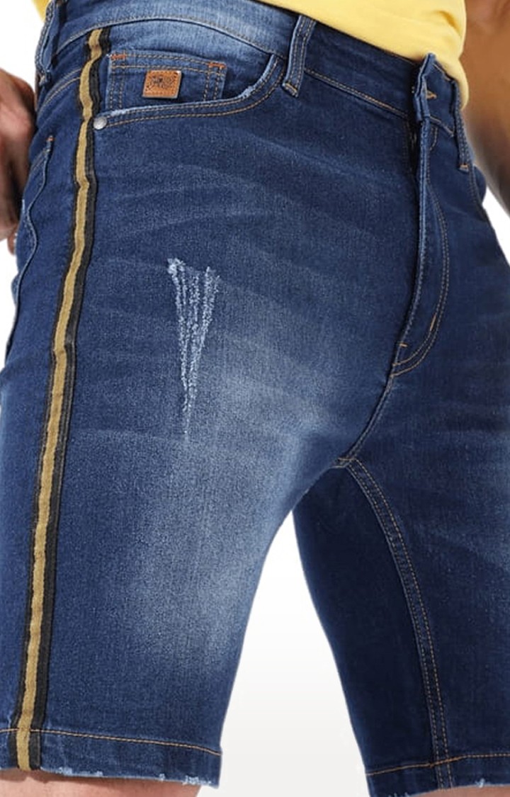 Men's Blue Solid Denim Shorts