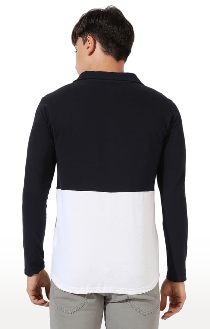 Men's Navy Blue and White Cotton Colourblock Casual Shirt