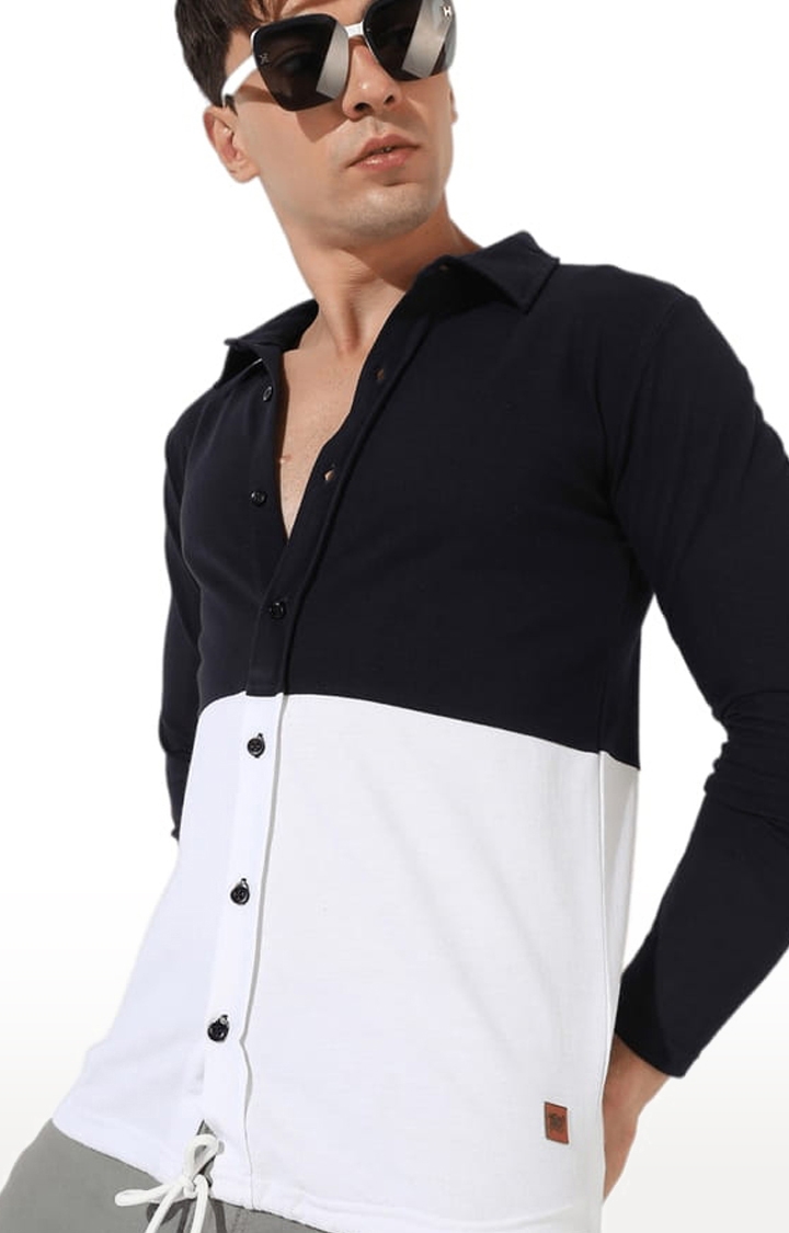Men's Navy Blue and White Cotton Colourblock Casual Shirt