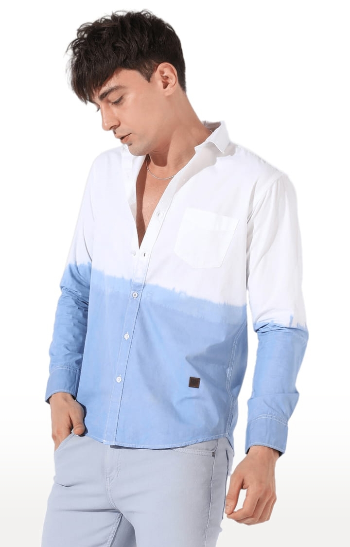 CAMPUS SUTRA | Men's White and Sky Blue Cotton Colourblock Casual Shirt