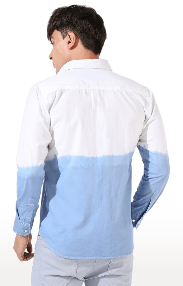 Men's White and Sky Blue Cotton Colourblock Casual Shirt