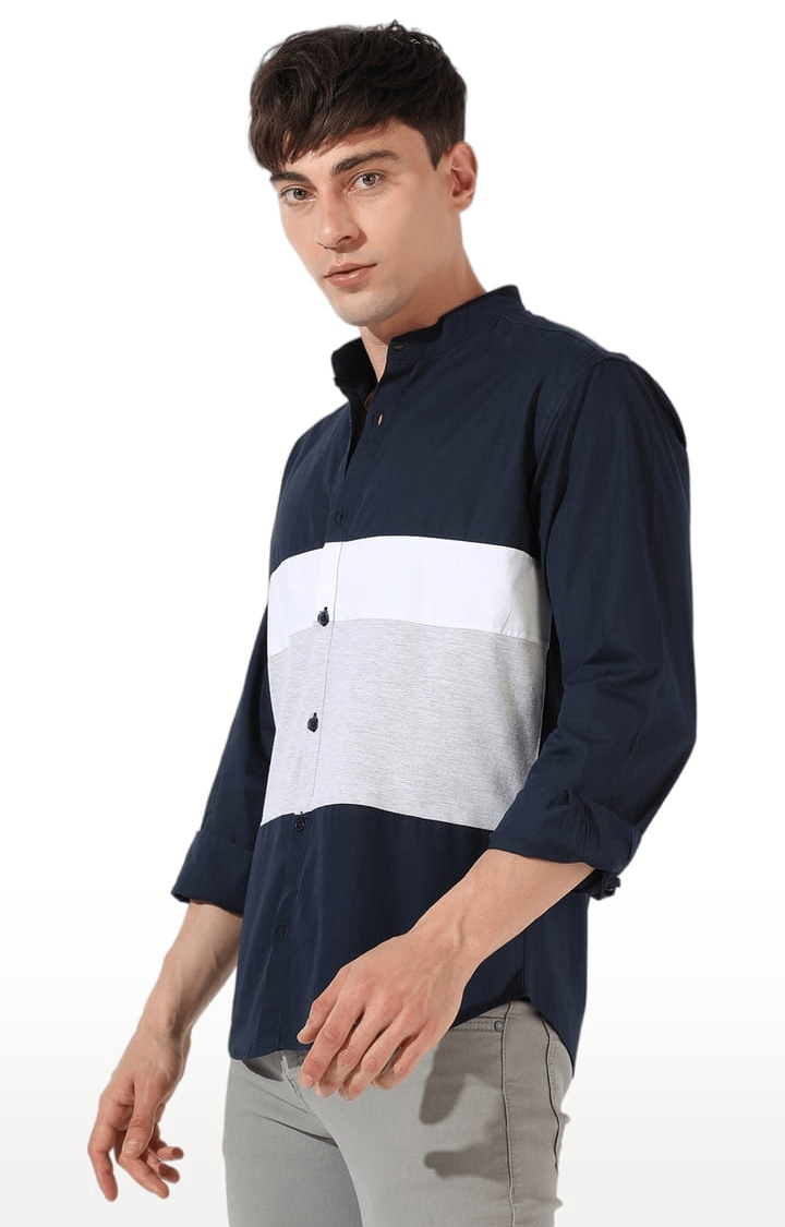 Men's Blue and White Cotton Colourblock Casual Shirt