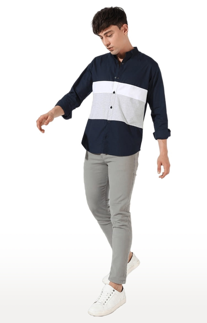 Men's Blue and White Cotton Colourblock Casual Shirt