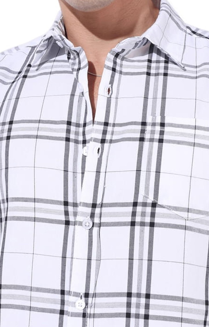 Men's White Cotton Checkered Casual Shirt