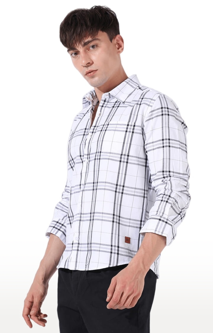 Men's White Cotton Checkered Casual Shirt