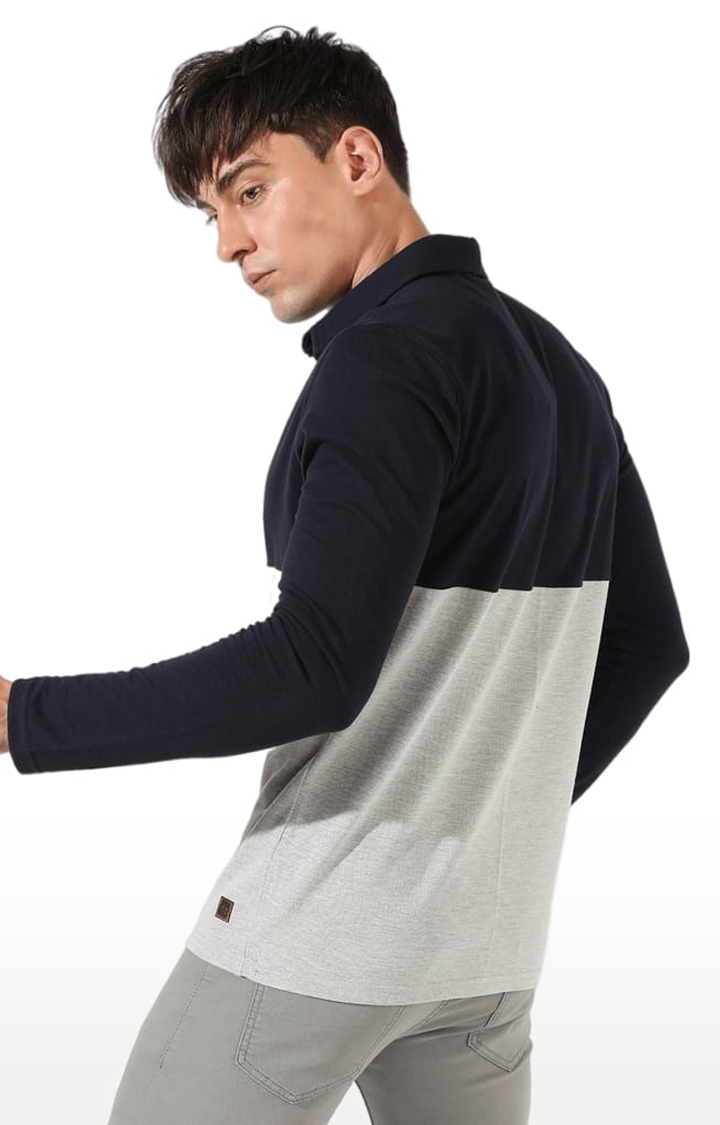Men's Grey and Blue Cotton Colourblock Casual Shirt
