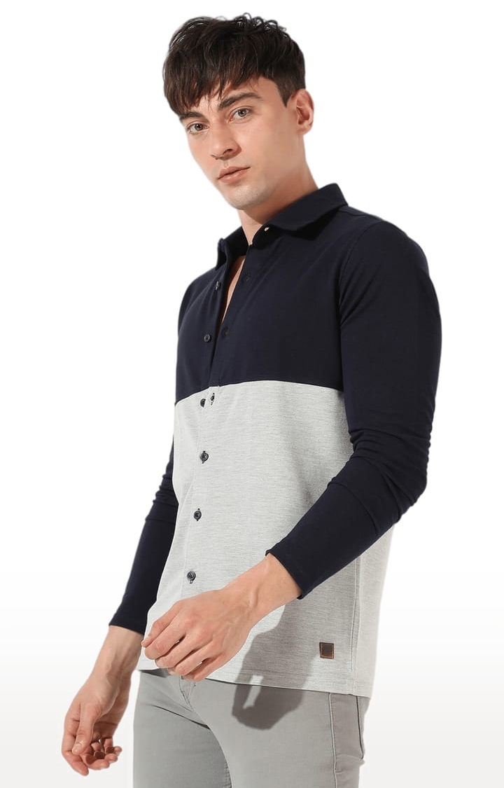 Men's Grey and Blue Cotton Colourblock Casual Shirt