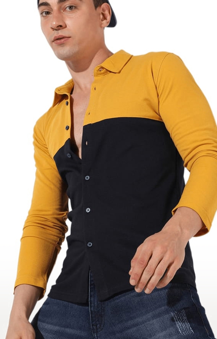 Men's Mustard Yellow and Black Cotton Colourblock Casual Shirt