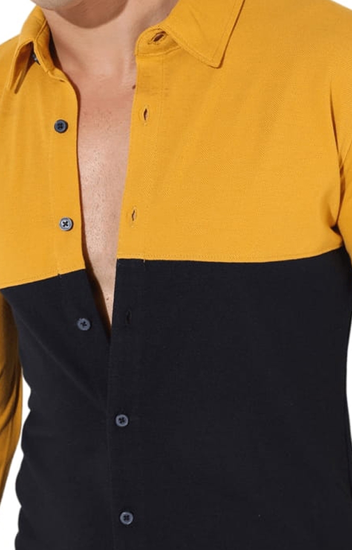 Men's Mustard Yellow and Black Cotton Colourblock Casual Shirt