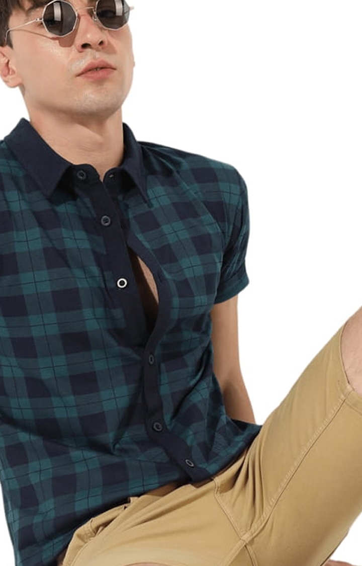 Men's Green Cotton Checkered Casual Shirt