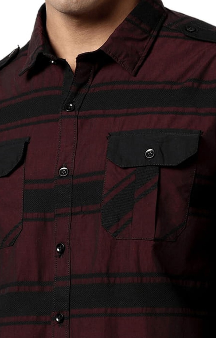 Men's Maroon Cotton Striped Casual Shirt