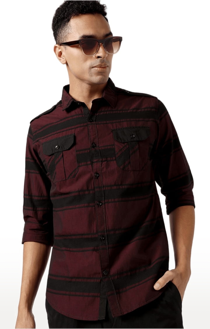 Men's Maroon Cotton Striped Casual Shirt