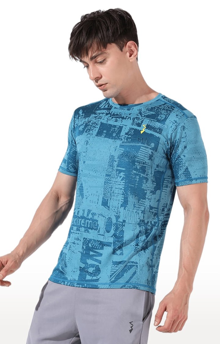 Men's Blue Printed Activewear T-Shirts