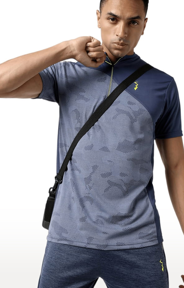 Men's Blue Polyester Graphics Activewear T-Shirt