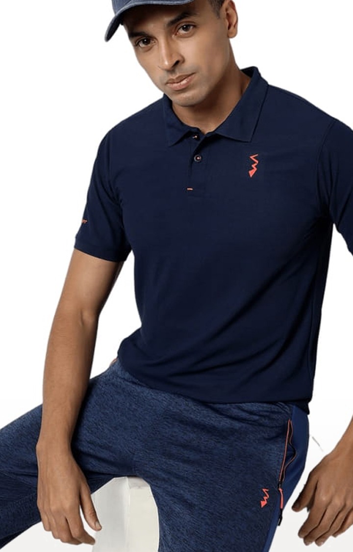 Men's Navy Blue Polyester Solid Activewear T-Shirt