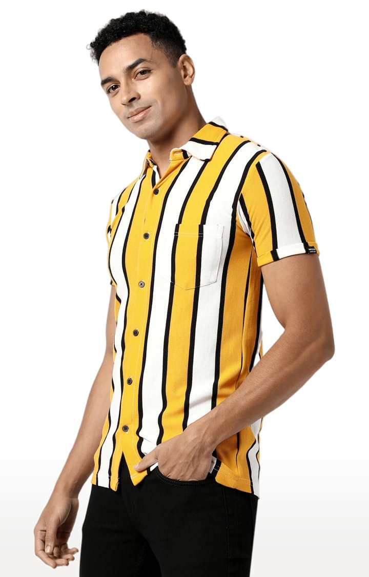 Men's Yellow Cotton Striped Casual Shirt