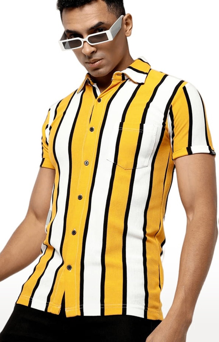 Men's Yellow Cotton Striped Casual Shirt