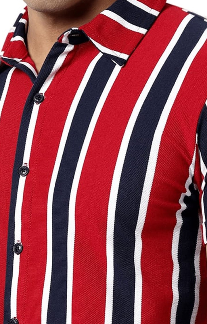 Men's Red Cotton Striped Casual Shirt