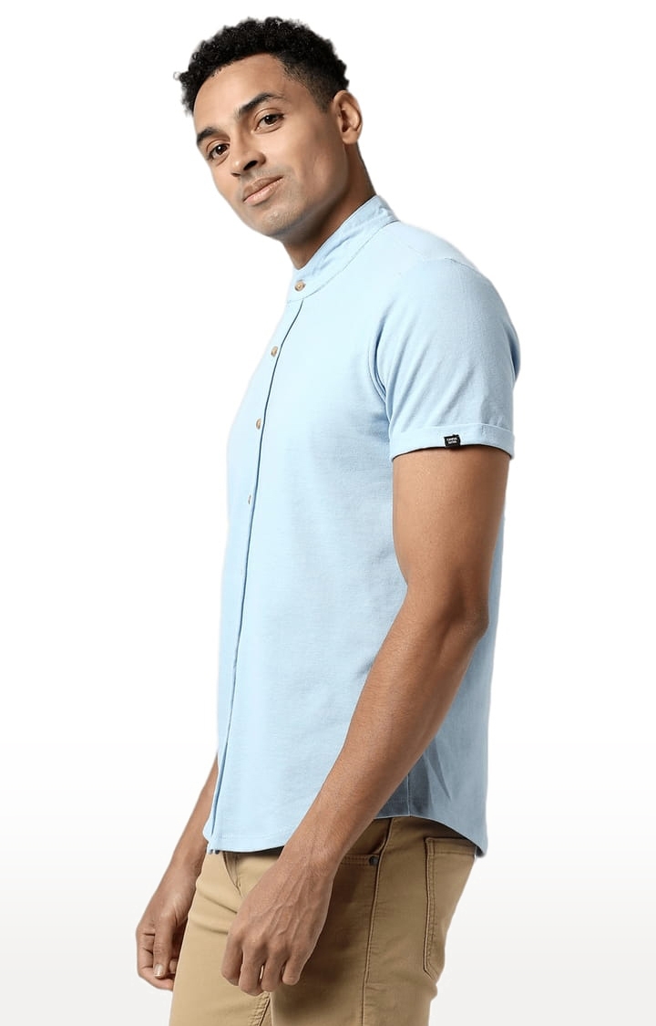 Men's Light Blue Cotton Solid Casual Shirt