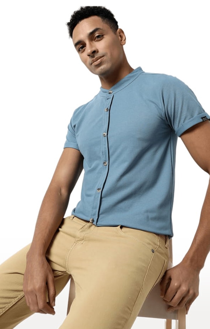 Men's Blue Cotton Solid Casual Shirt