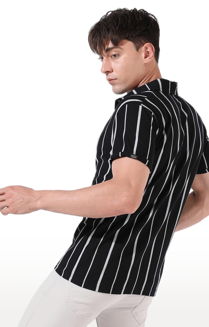 Men's Black Cotton Striped Casual Shirt