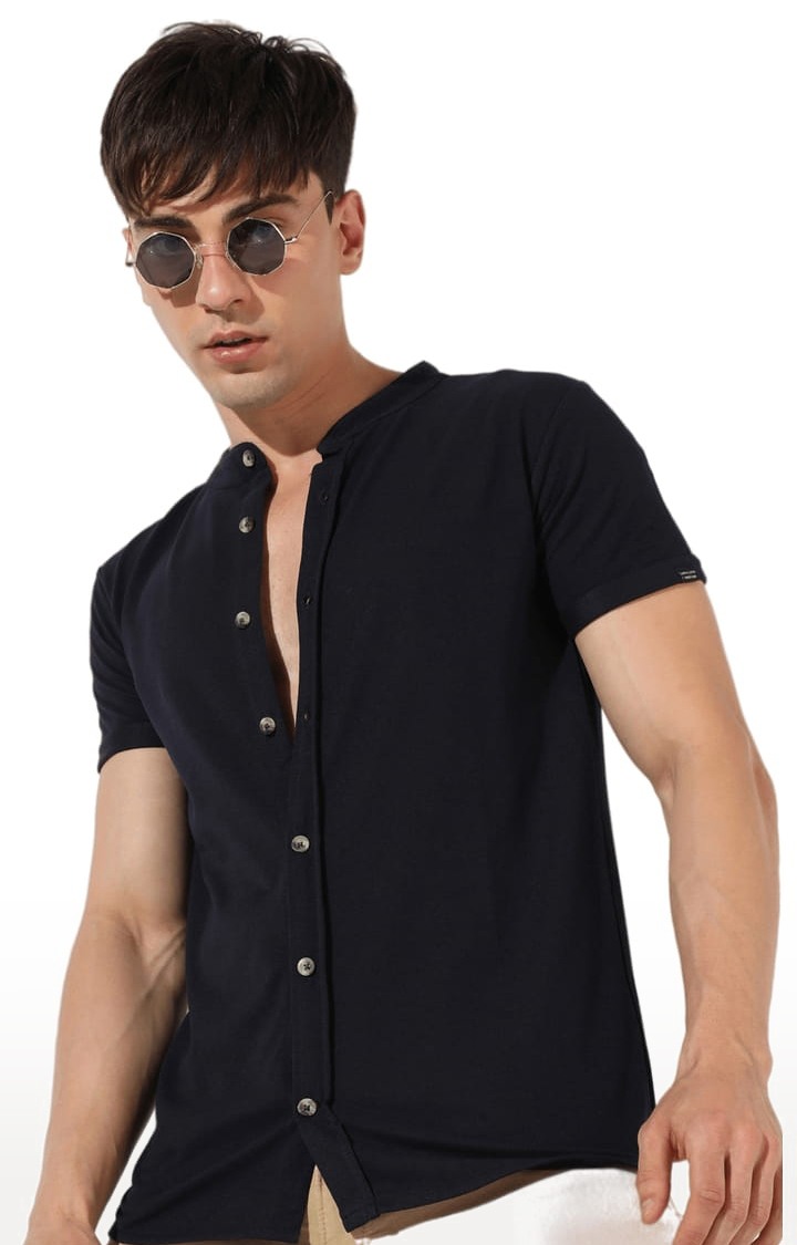 Men's Black Cotton Solid Casual Shirt