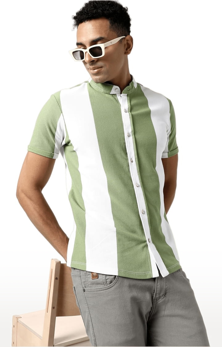 Men's Green Cotton Striped Casual Shirt