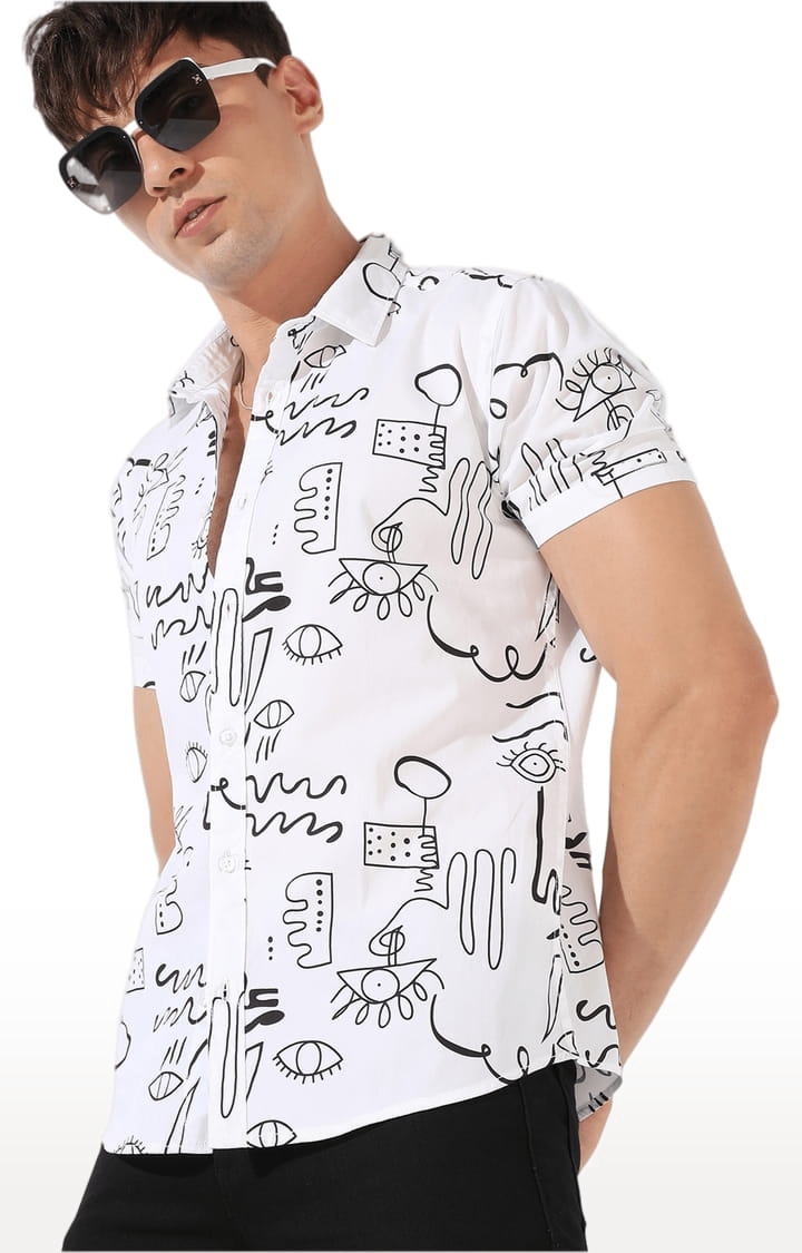 Men's White Cotton Graphics Casual Shirt