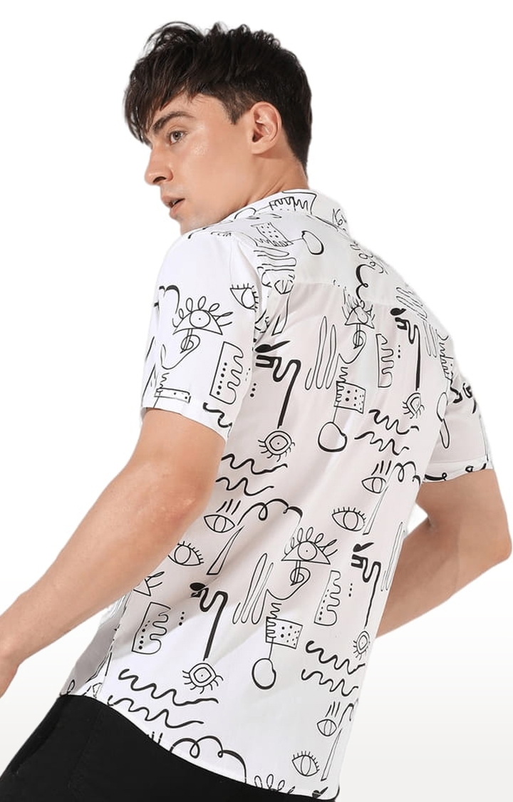 Men's White Cotton Graphics Casual Shirt