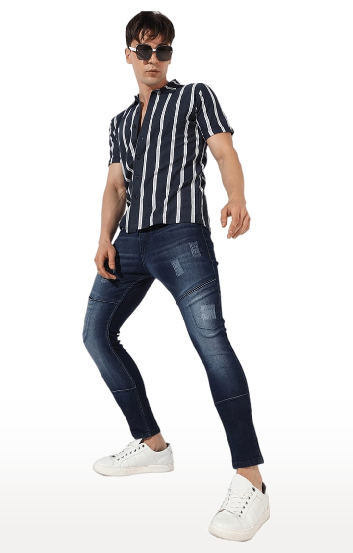 Men's Navy Blue and White Cotton Striped Casual Shirt