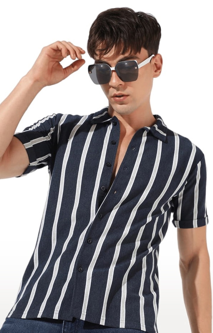 Men's Navy Blue and White Cotton Striped Casual Shirt