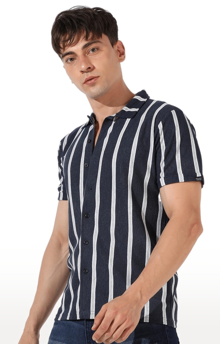 CAMPUS SUTRA | Men's Navy Blue and White Cotton Striped Casual Shirt