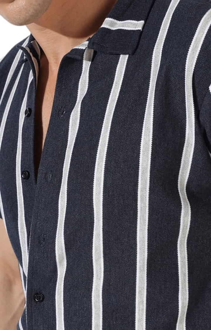 Men's Navy Blue and White Cotton Striped Casual Shirt