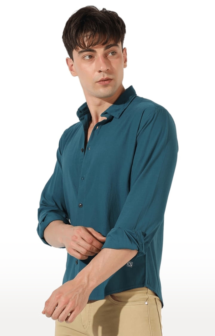 Men's Teal Blue Cotton Solid Casual Shirt