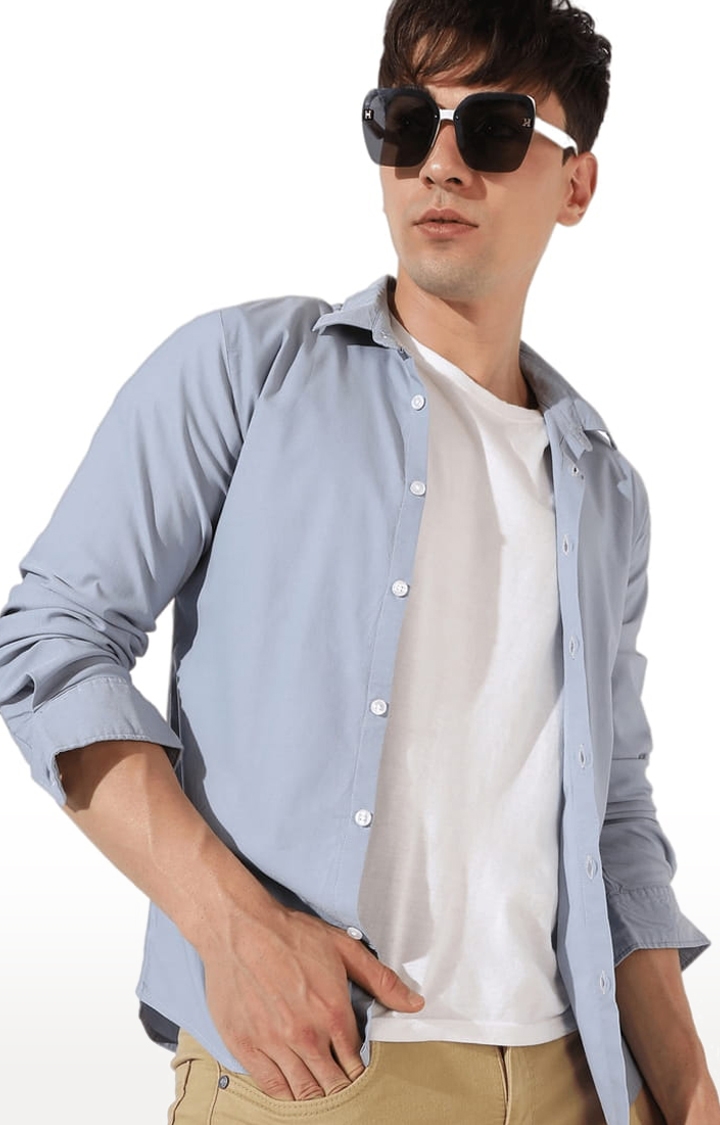 Men's Light Grey Cotton Solid Casual Shirt