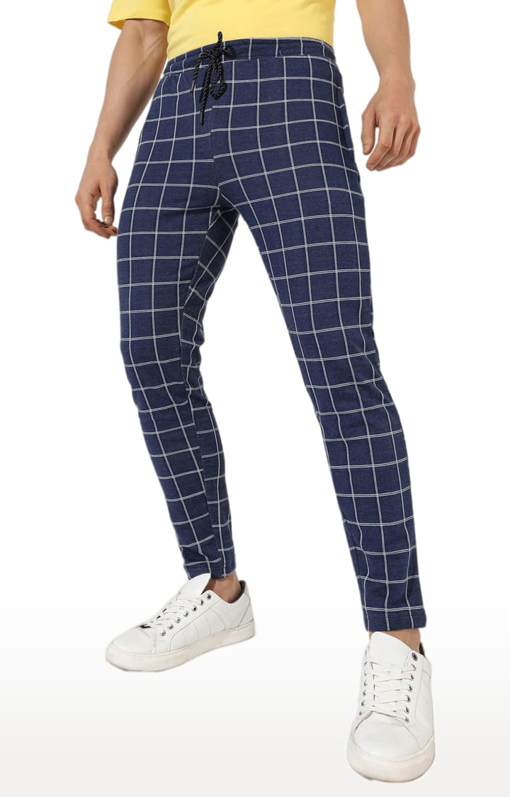 Men's Dark Blue Checkered Regular Fit Trackpant