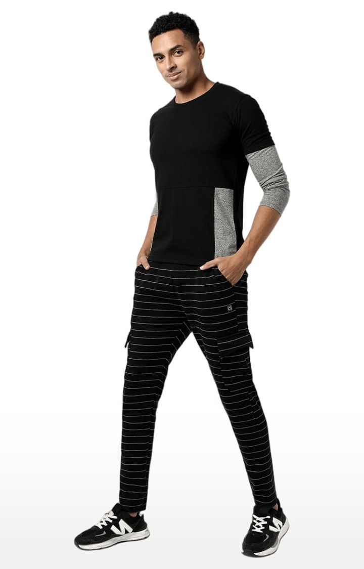 Men's Black Striped Cotton Cargos