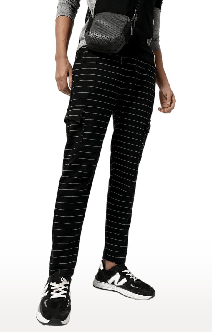 Men's Black Striped Cotton Cargos