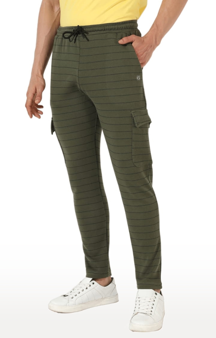 Men's Olive Green Striped Regular Fit Trackpant