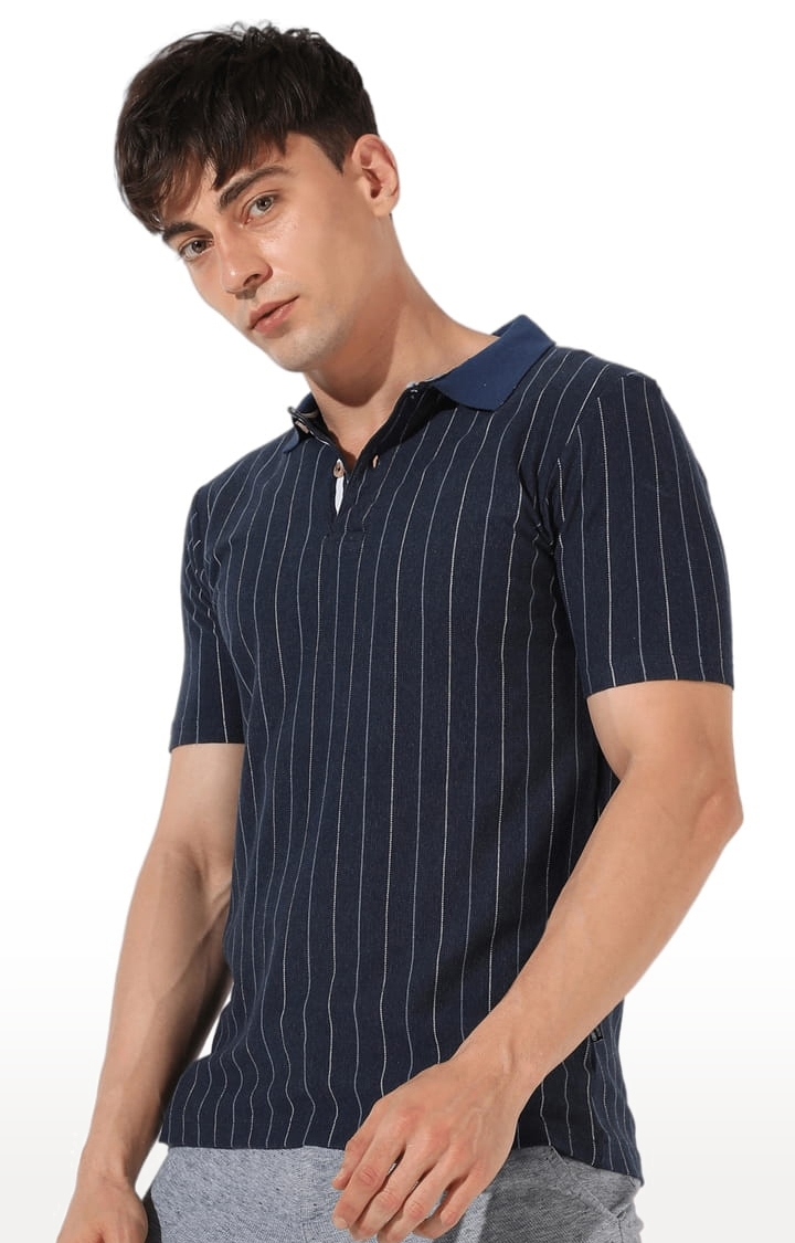 CAMPUS SUTRA | Men's Navy Blue Cotton Striped Polo T-Shirt