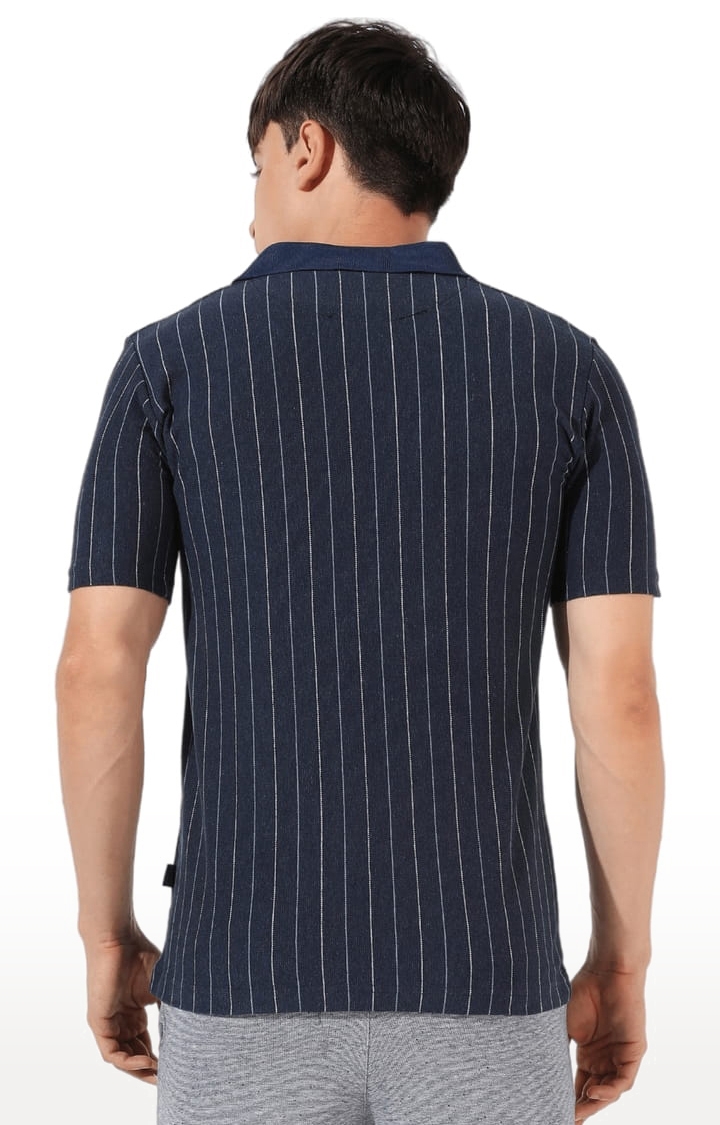 Men's Navy Blue Cotton Striped Polo T-Shirt