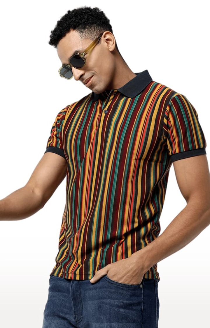 Men's Multicolour Cotton Striped Polo T-Shirt